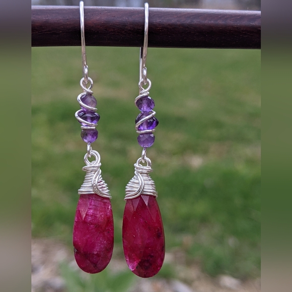 Artisan Ruby Earrings Sterling Silver With Amethyst Gemstones - Picture 8 of 12